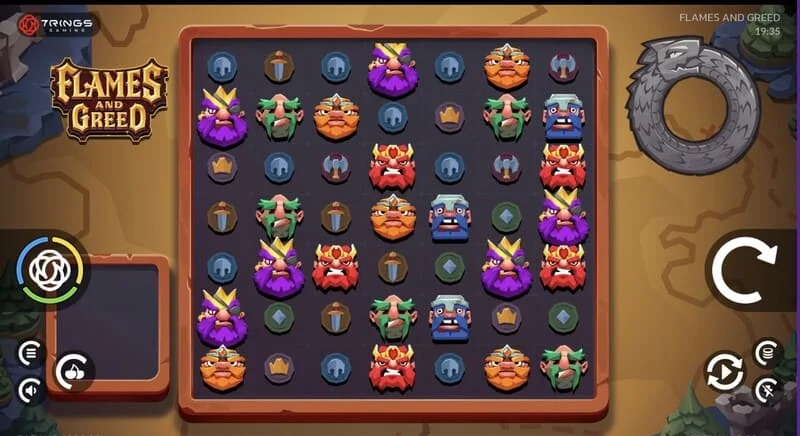 Flames and Greed - màn hình chính với lưới 7×7